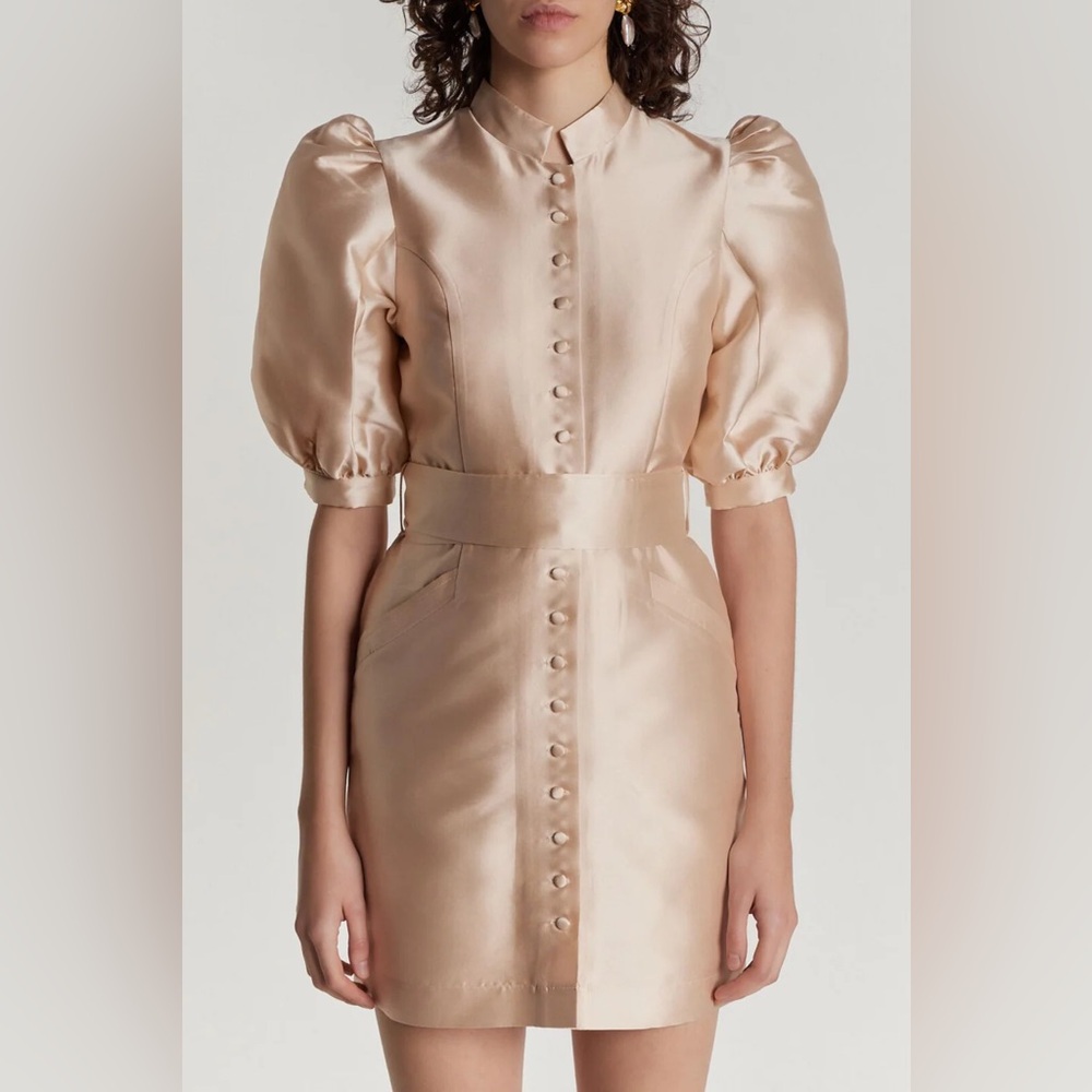 NWT Destree Nude Satin Puff Sleeve Amoaka Short Dress in Beige